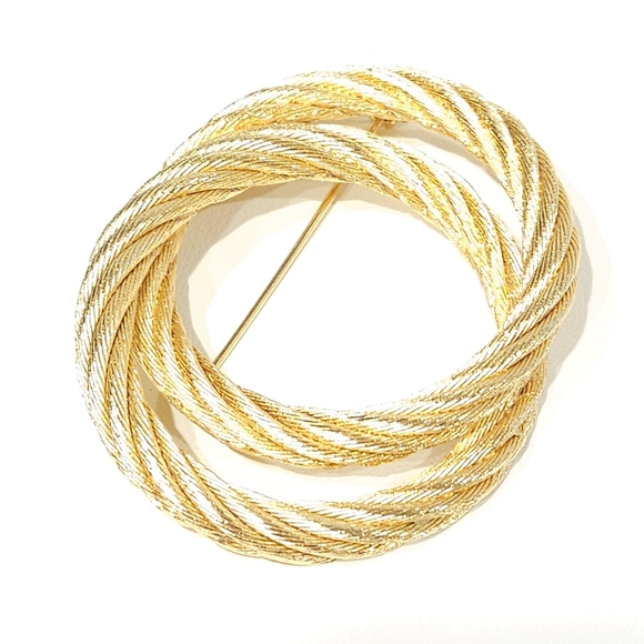 Vintage Dior Gold Tone Rope Double Circle Brooch Pin - Picture 14 of 16